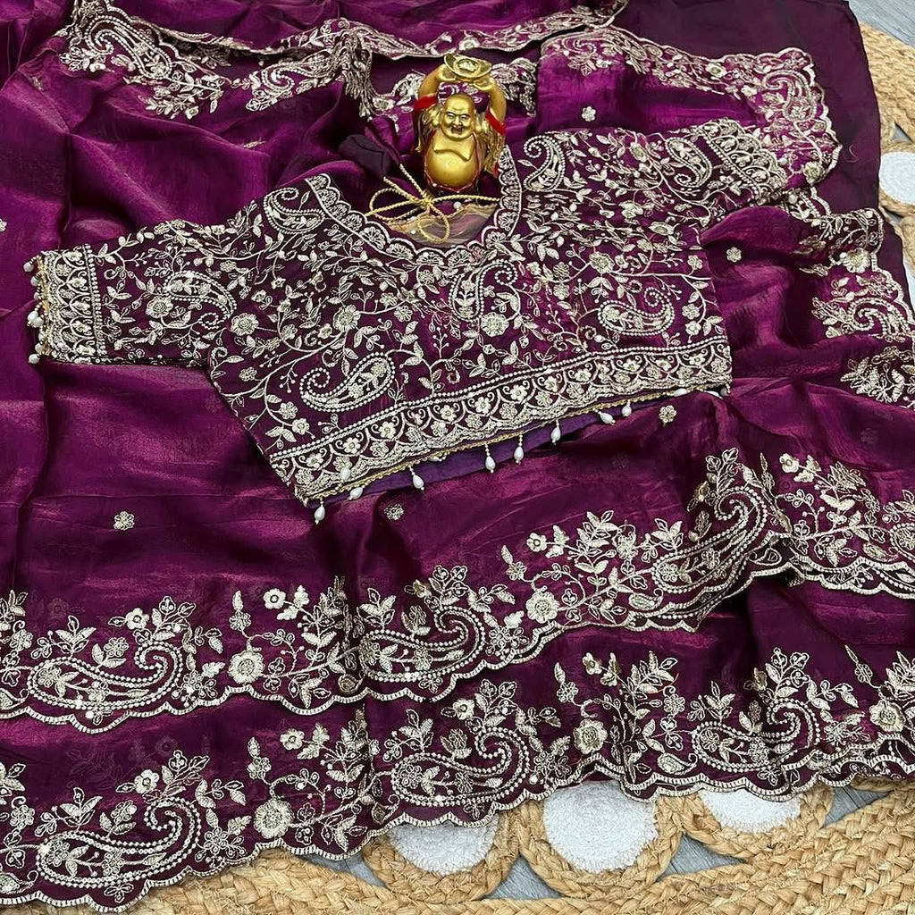 Fendy Satin Embroidered Saree With Stitched Blouse