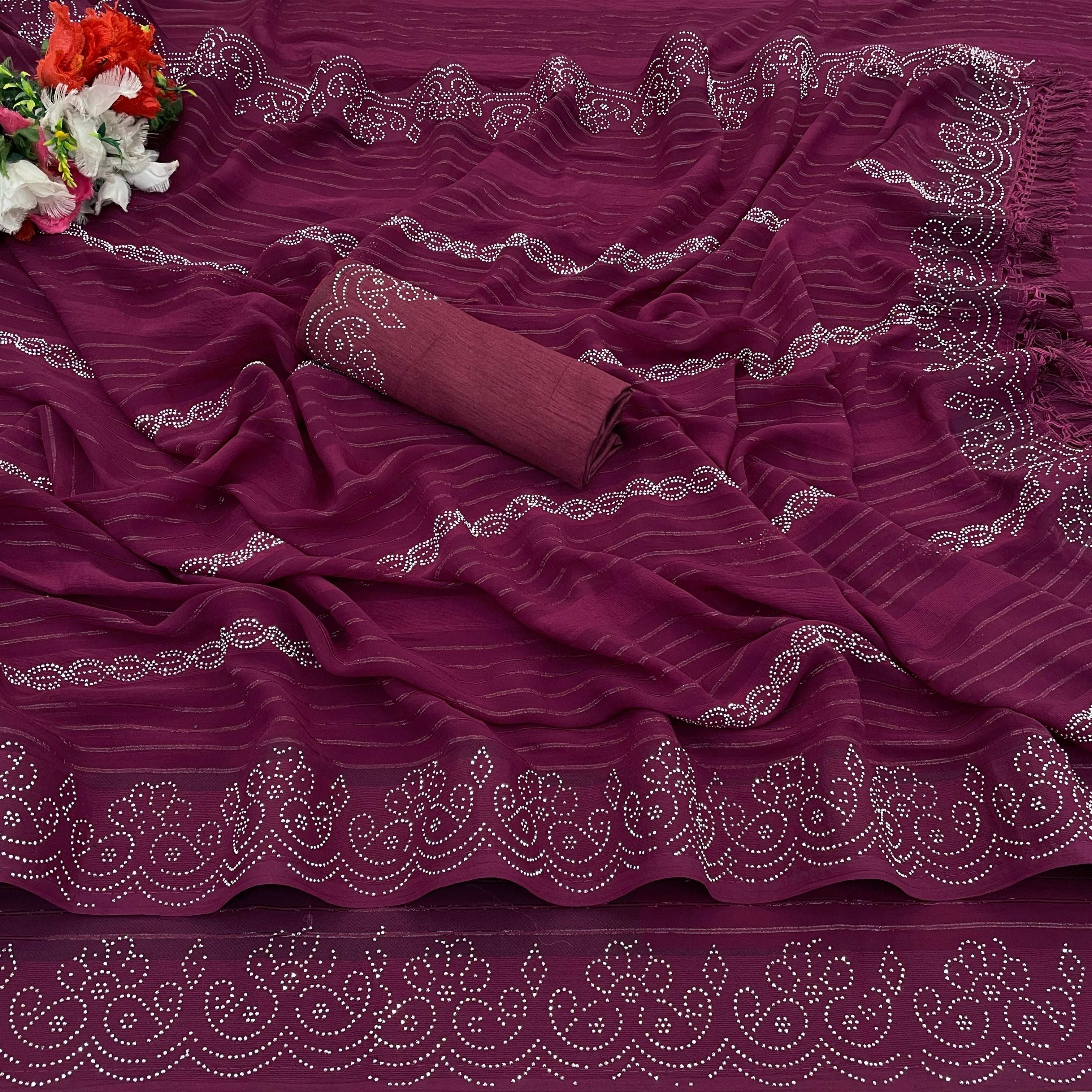 Georgette  Siroski Diamond Work Saree With Tassel