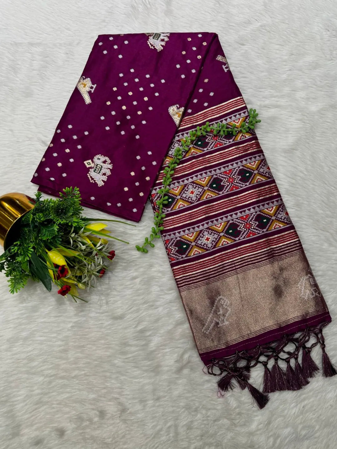 Cotton Silk Saree with Traditional Patola Print and Tassel Border Pallu