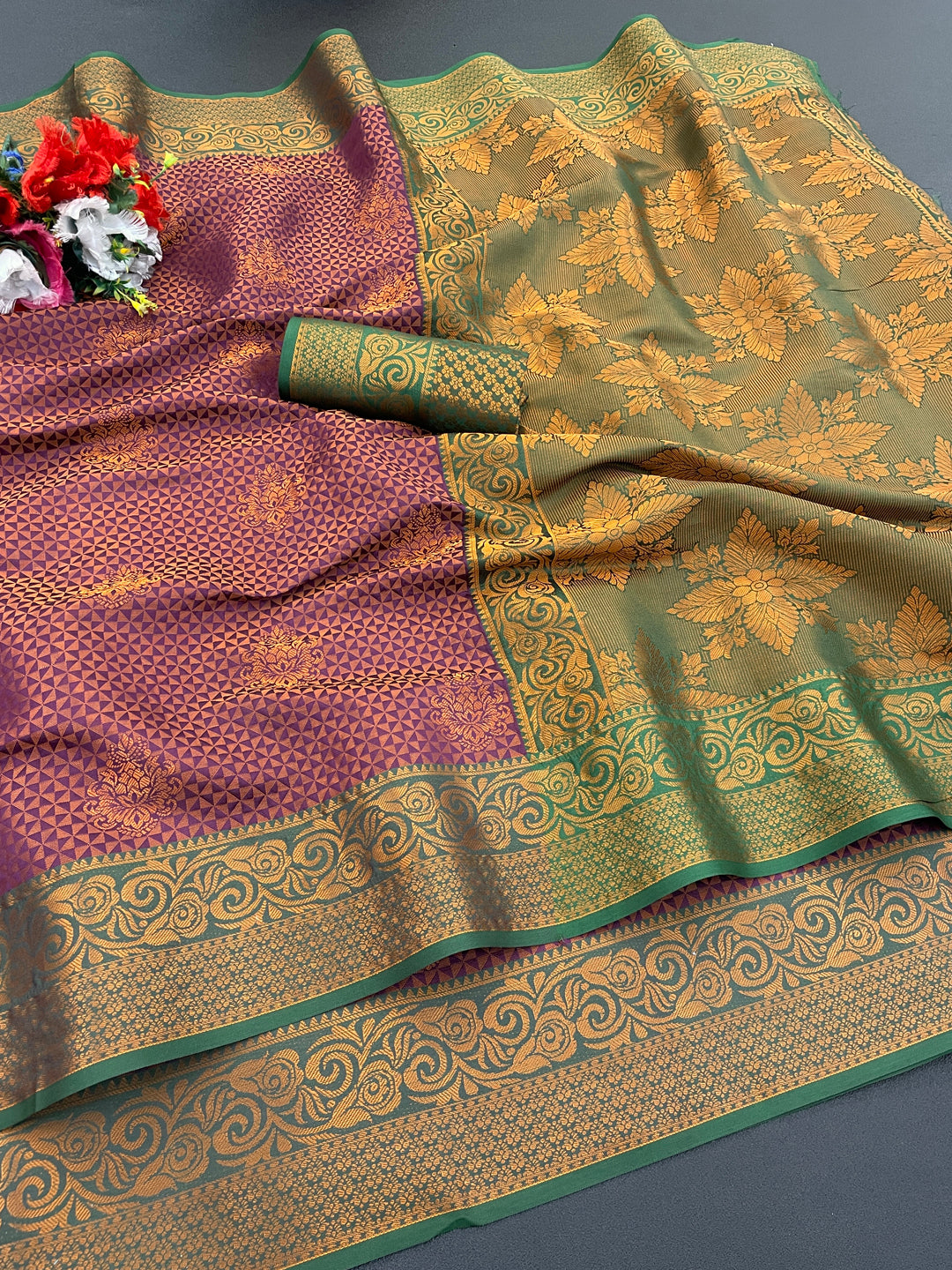 Woven Kanjivaram Soft Silk Copper Rich Pallu Saree