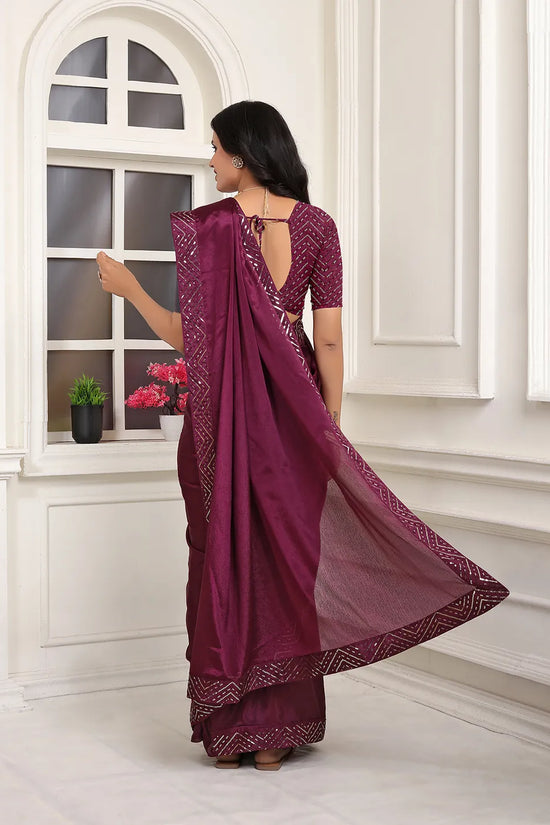Pionex Ready To Wear Chinon Solid Saree With Embroidered Border
