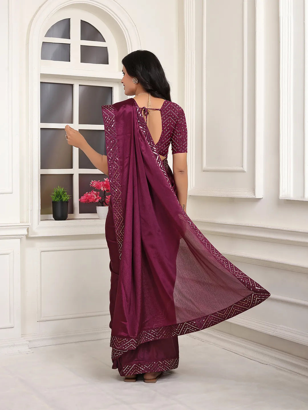 Pionex Ready To Wear Chinon Solid Saree With Embroidered Border
