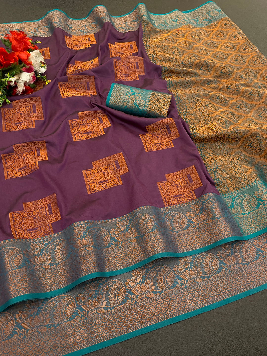 Woven Kanjivaram Soft Silk Copper Rich Pallu Saree