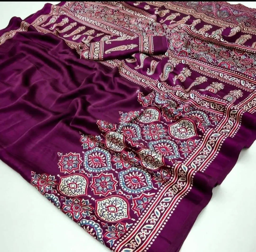 Soft Modal Silk Natural Ajrakh Printed Saree with Unstitched Blouse