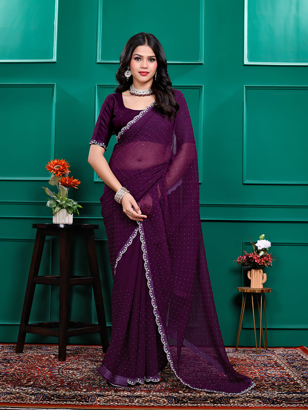 Chiffon   Siroski Daimond  Lace Work Sarees