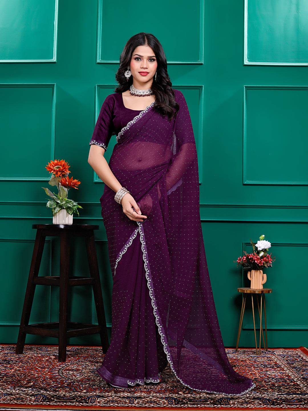 Chiffon   Siroski Daimond  Lace Work Sarees