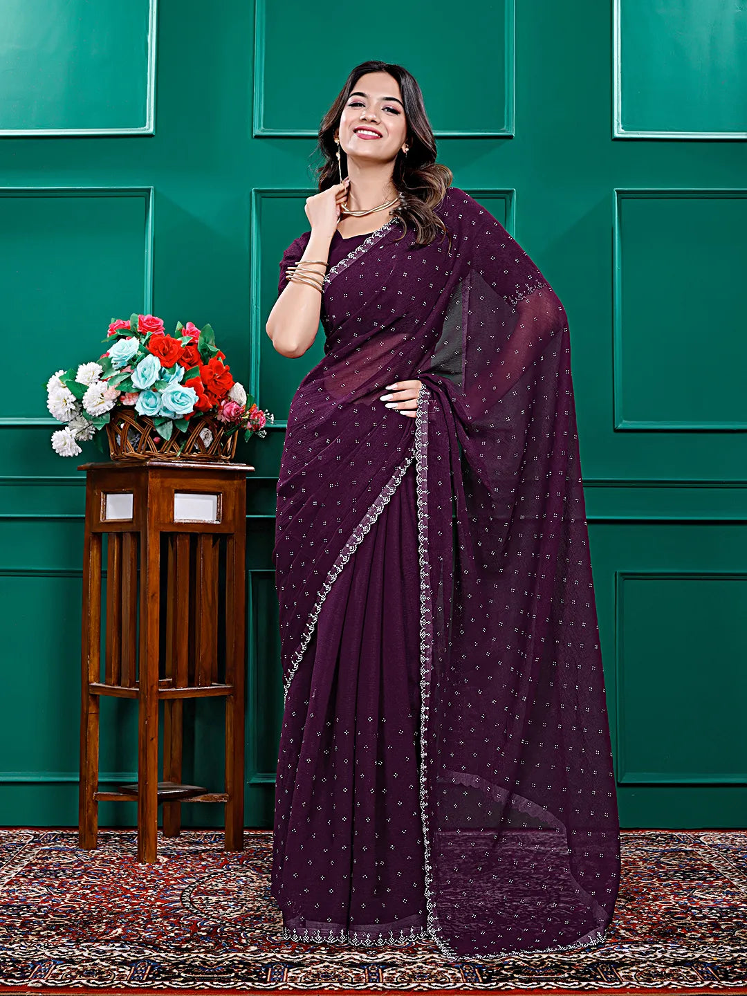 Chiffon Siroski Diamond Lace Work Saree