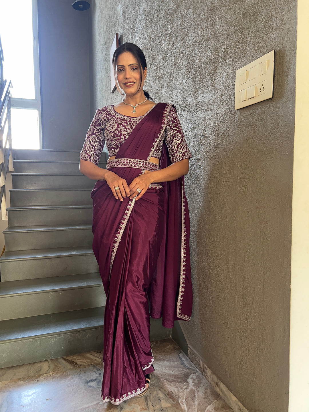 Ready To Wear Chinon Embroidery Work Saree With Stitched Blouse