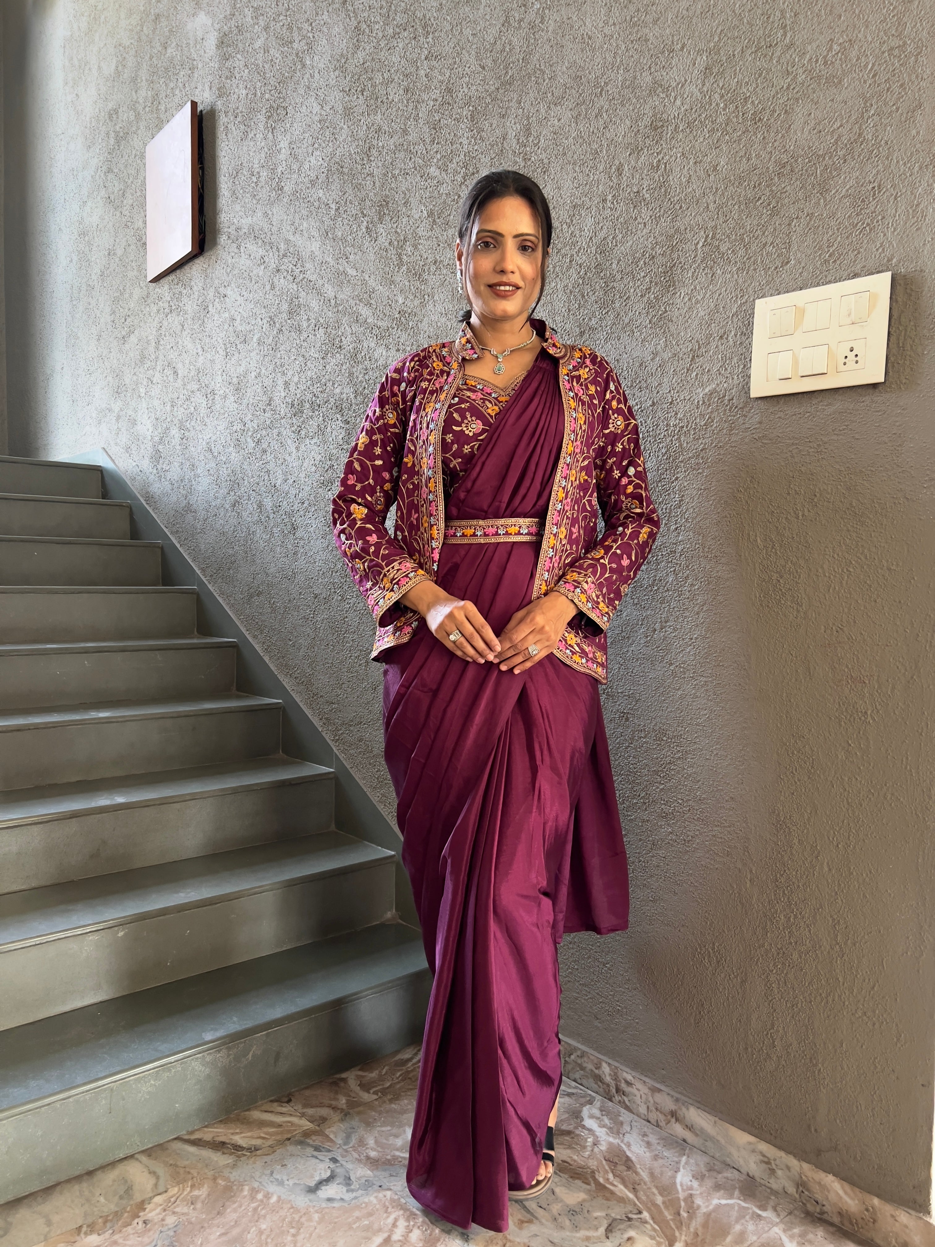 Heavy Chinon Jacket Saree With Blouse and Cording Embroidered Work