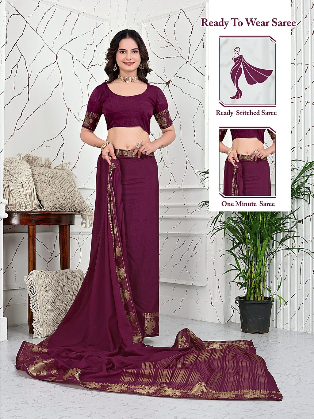 Ready-to-Wear Banarasi Jacquard Saree in Crepe Fabric