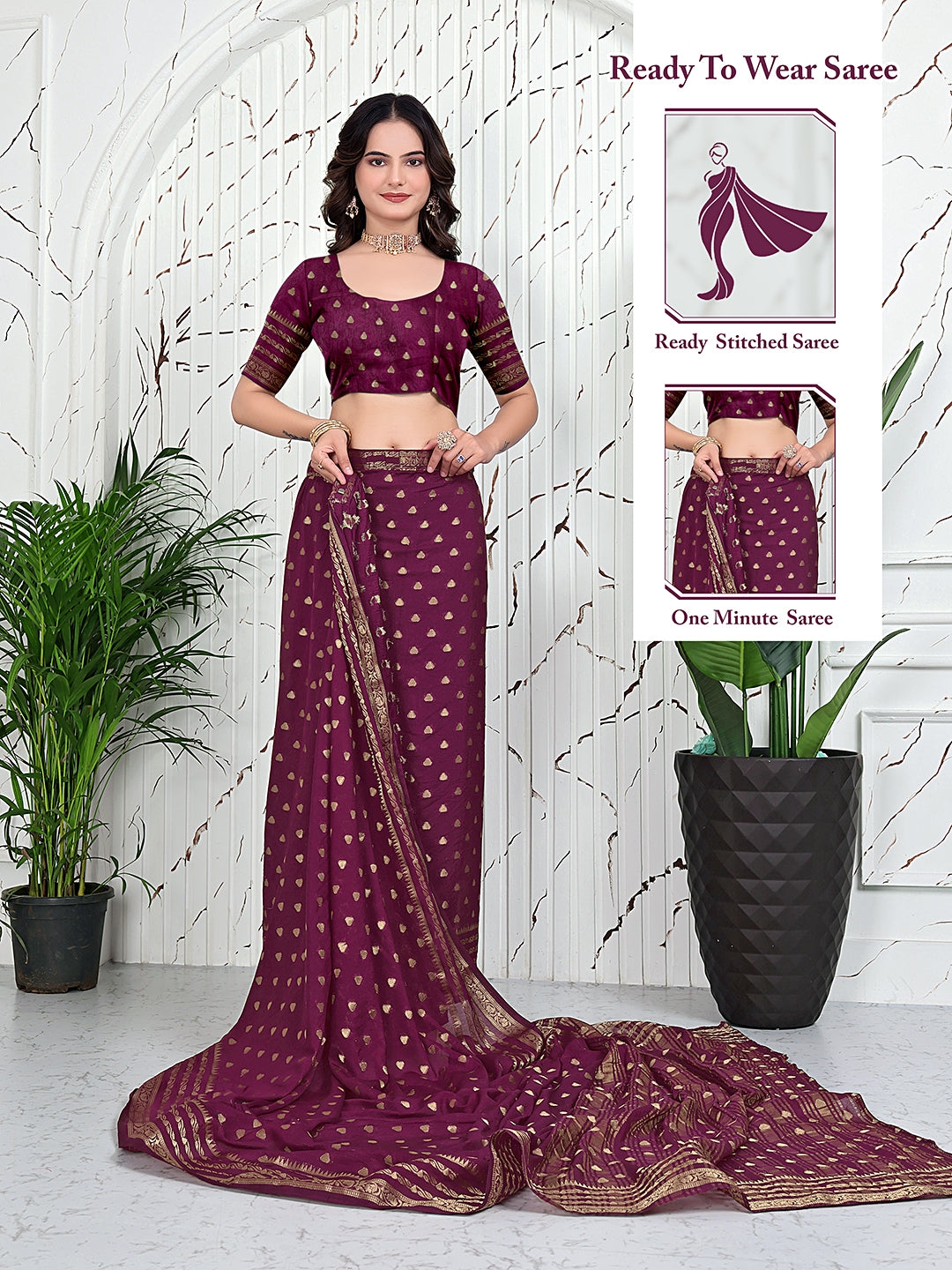 Banarasi Ready-to-Wear Jacquard Saree in Crepe Fabric