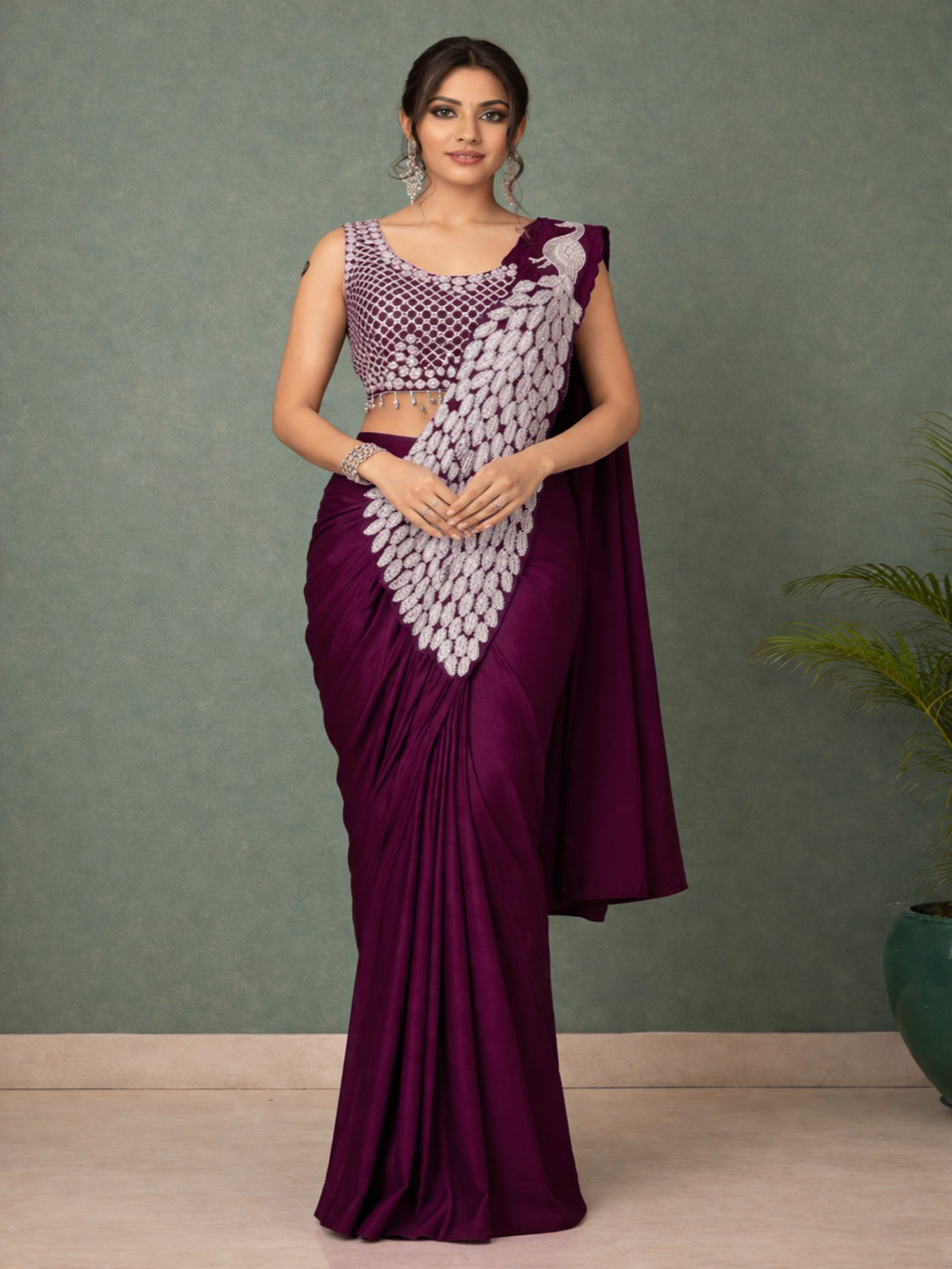 Ready to Wear Silk Crepe Saree with Heavy Embroidery Sequence Work Stitched Blouse