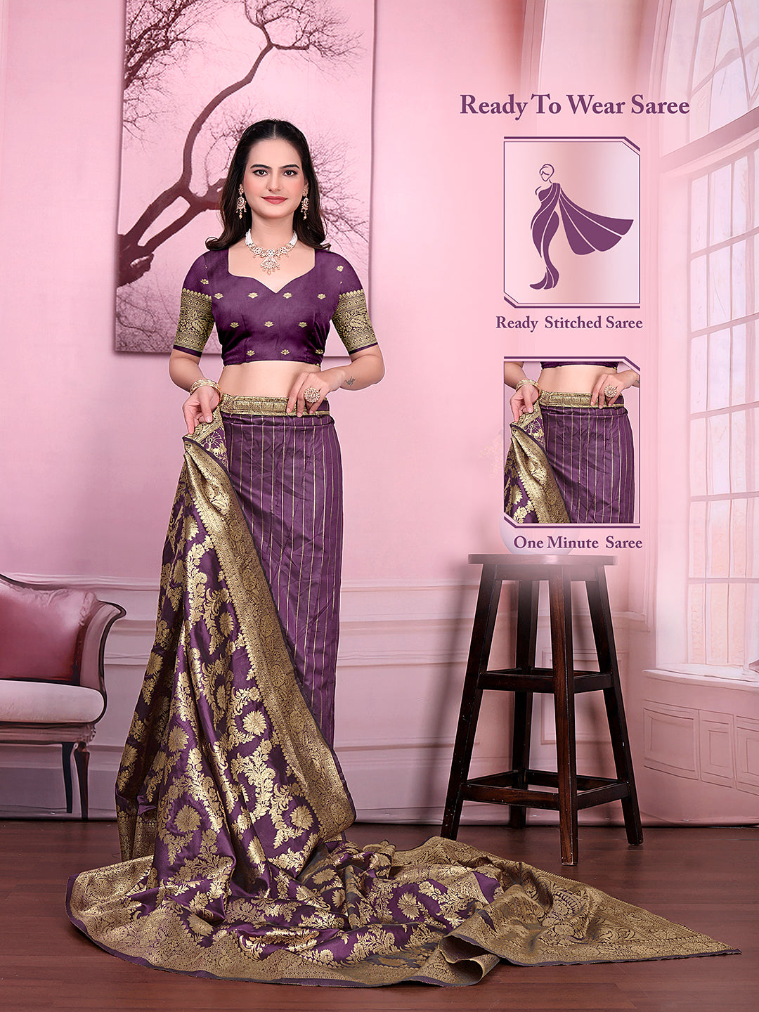 Ready to Wear Banarasi Jacquard Floral Print Party Saree with Unstitched Blouse