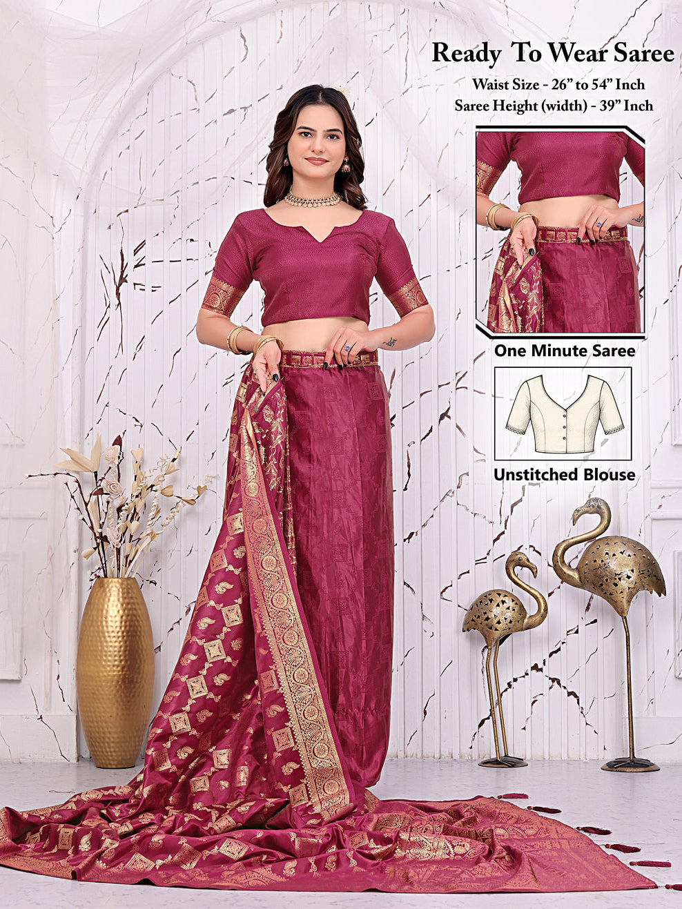 Banarasi Ready-to-Wear Saree with Traditional Woven Zari Motifs and Decorative Pallu.