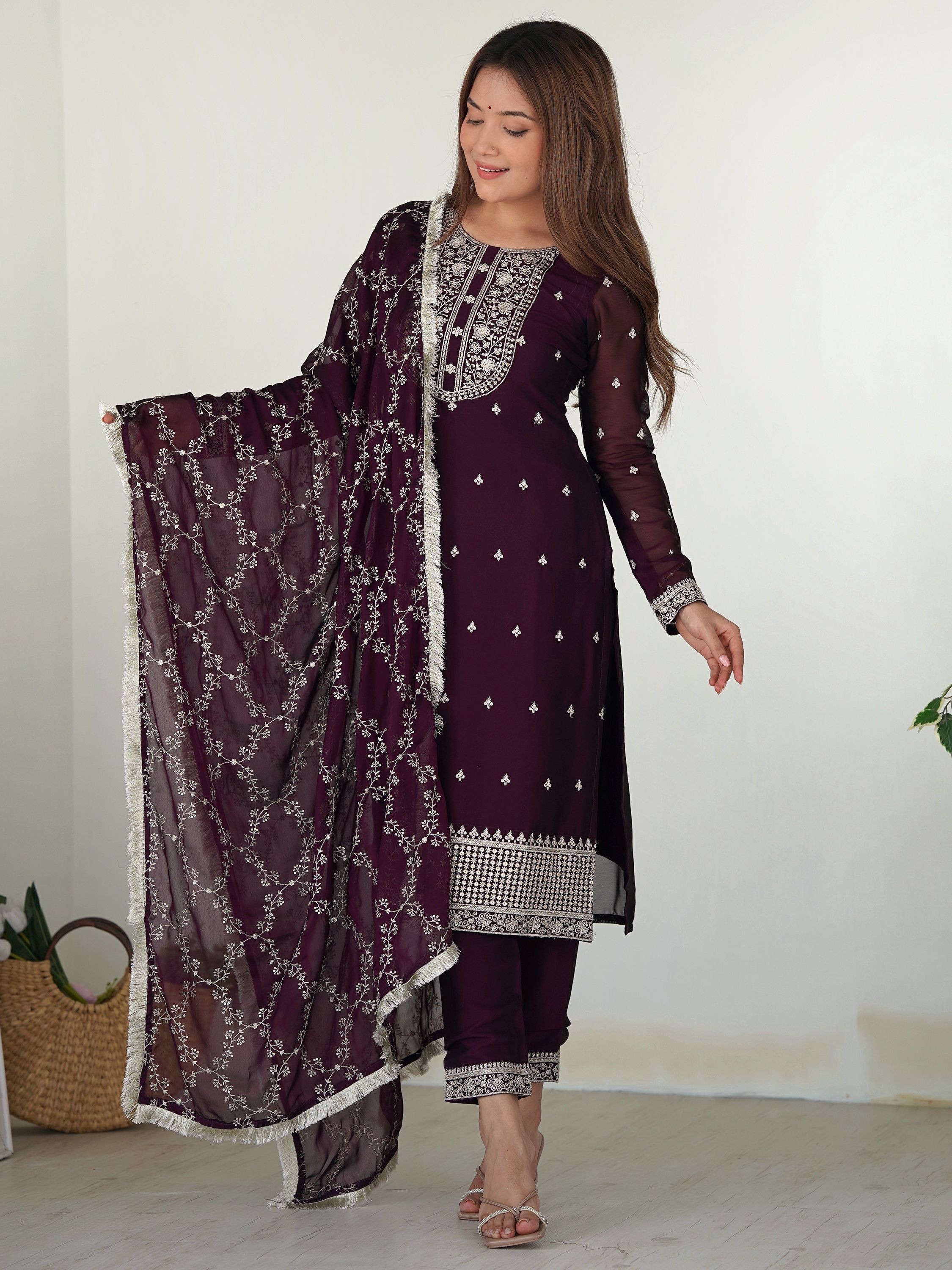 Roman Silk  Embroidered Kurta With Pant Dupatta Set