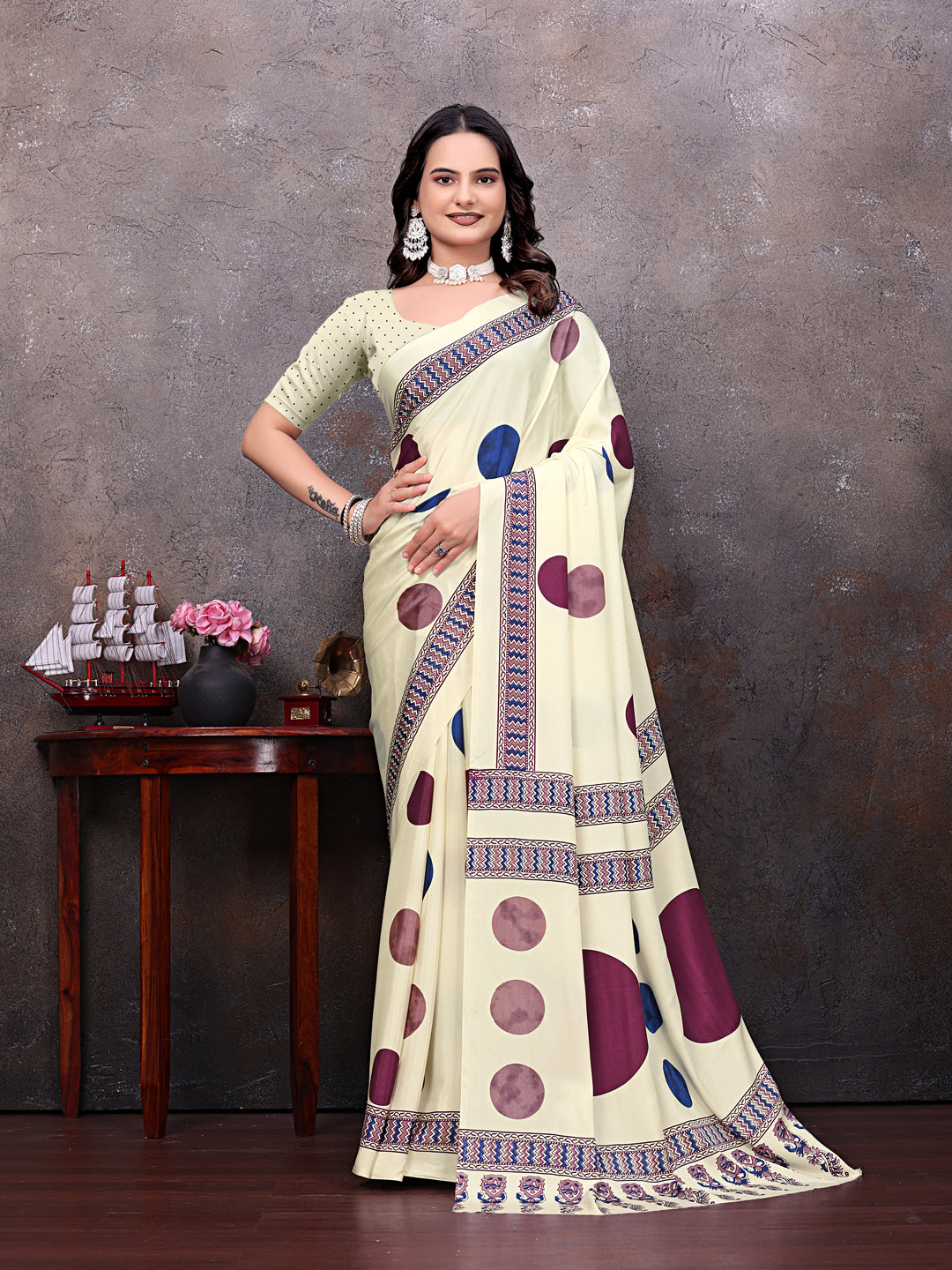 Crepe Silk Casual Wear Cream Color  Saree
