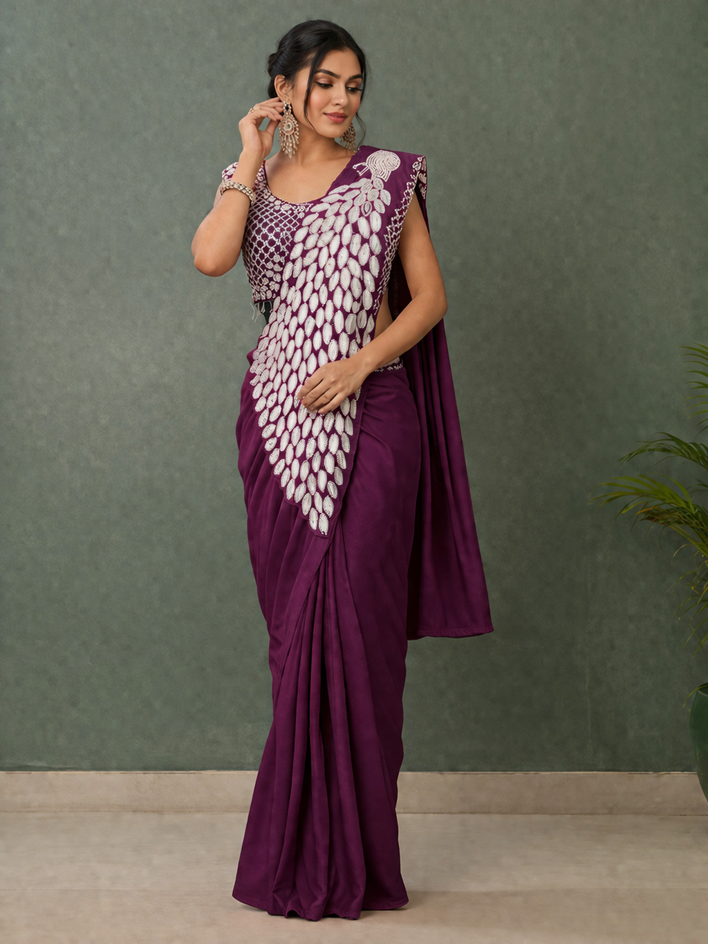 Ready to Wear Silk Crepe Saree with Heavy Embroidery Sequence Work Stitched Blouse