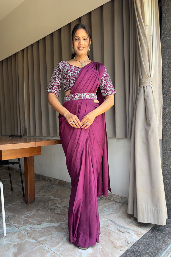Ready To Wear Chinon Embroidery Work Saree With Stitched Blouse