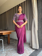 Ready To Wear Chinon Embroidery Work Saree With Stitched Blouse