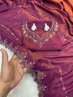 Two-Tone Chocolate Saree with Diamond Panel Handwork and All-Over Cutwork