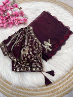 Satin Saree with Heavy Beaded Work Stitched Blouse