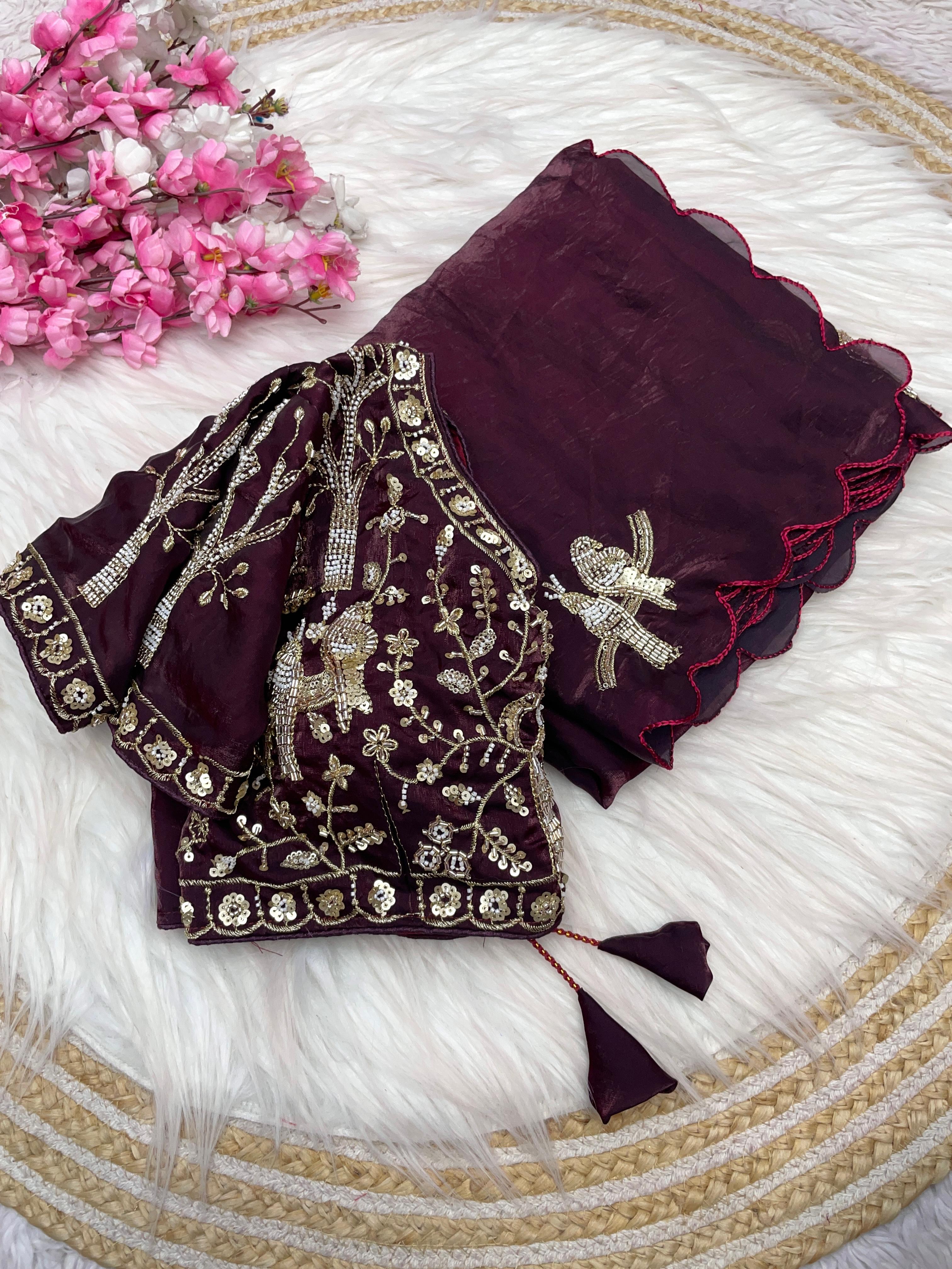 Satin Saree with Heavy Beaded Work Stitched Blouse