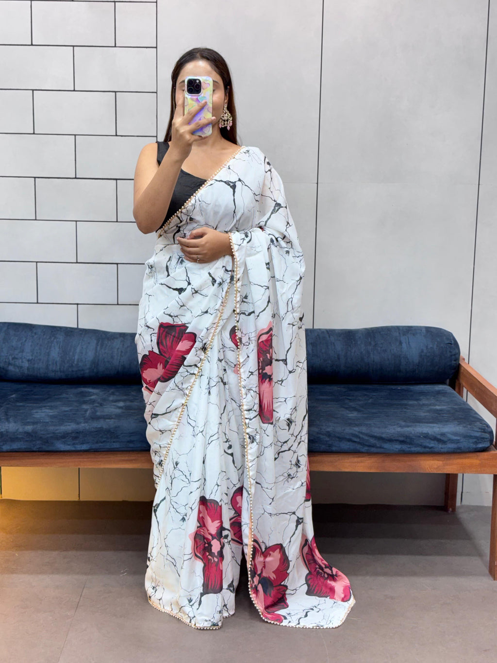 Elegant Floral Shibori Print Saree with Pearl Moti Lace and Black Satin Blouse