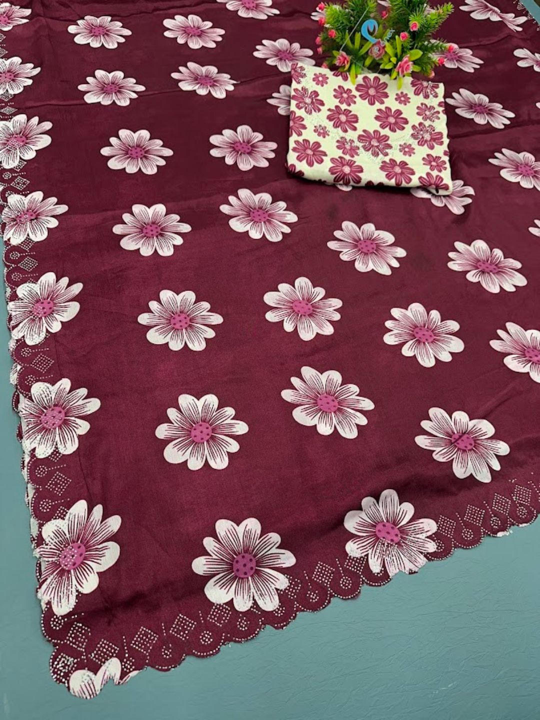 Chinon Floral Print Saree with Siroski Diamond Border & Printed Blouse Piece