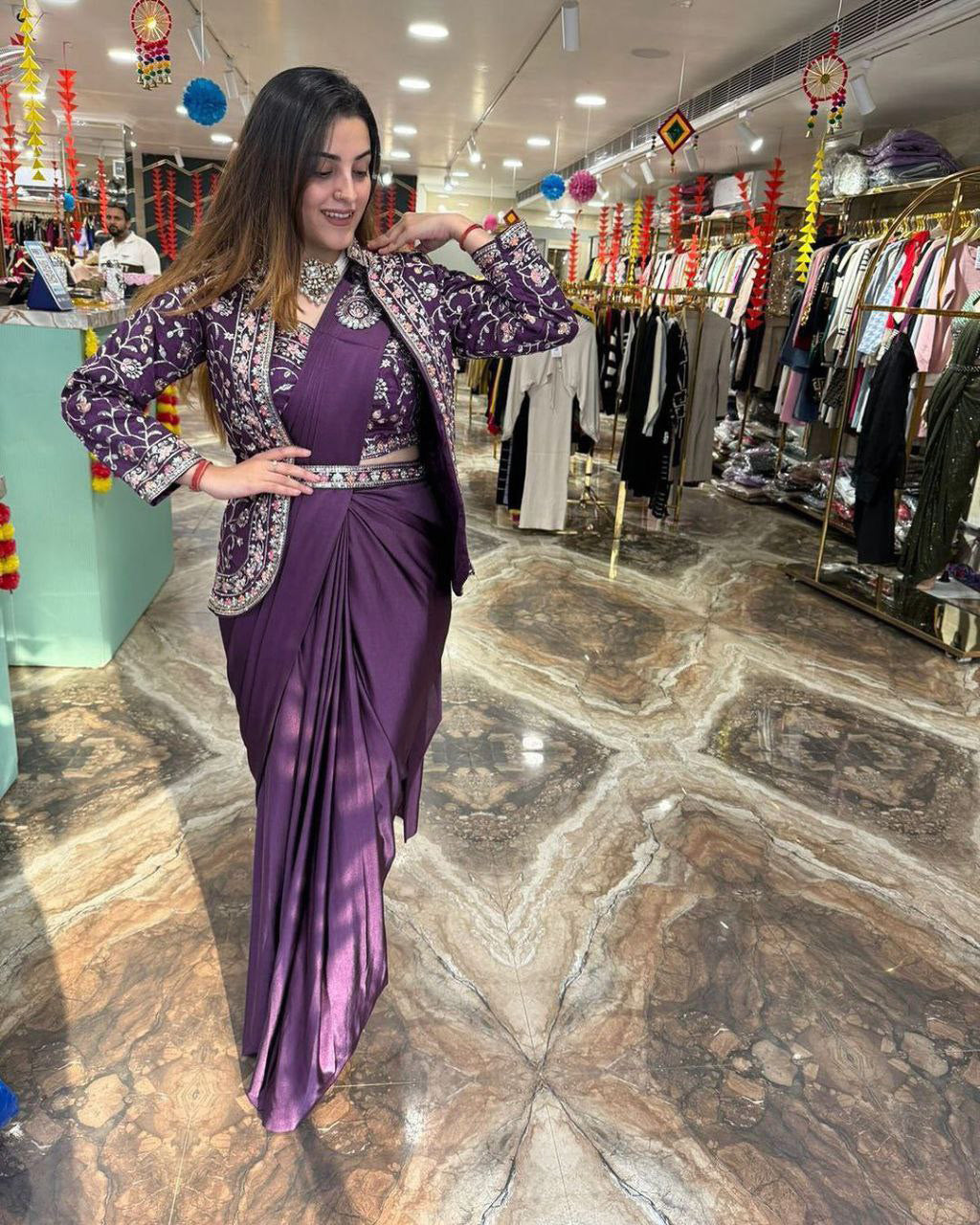 Trendy Indo-Western Ready-to-Wear Crepe Saree with Heavy Embroidered Koti & Stitched Blouse