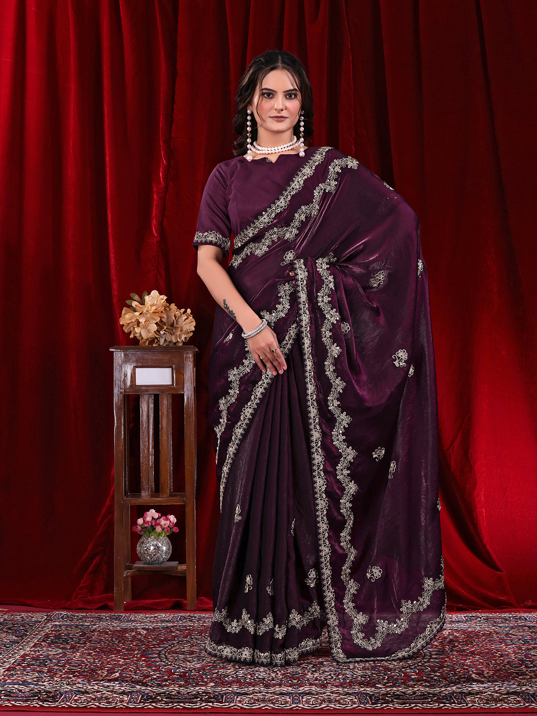 Traditional Embroidered Satin Silk Saree