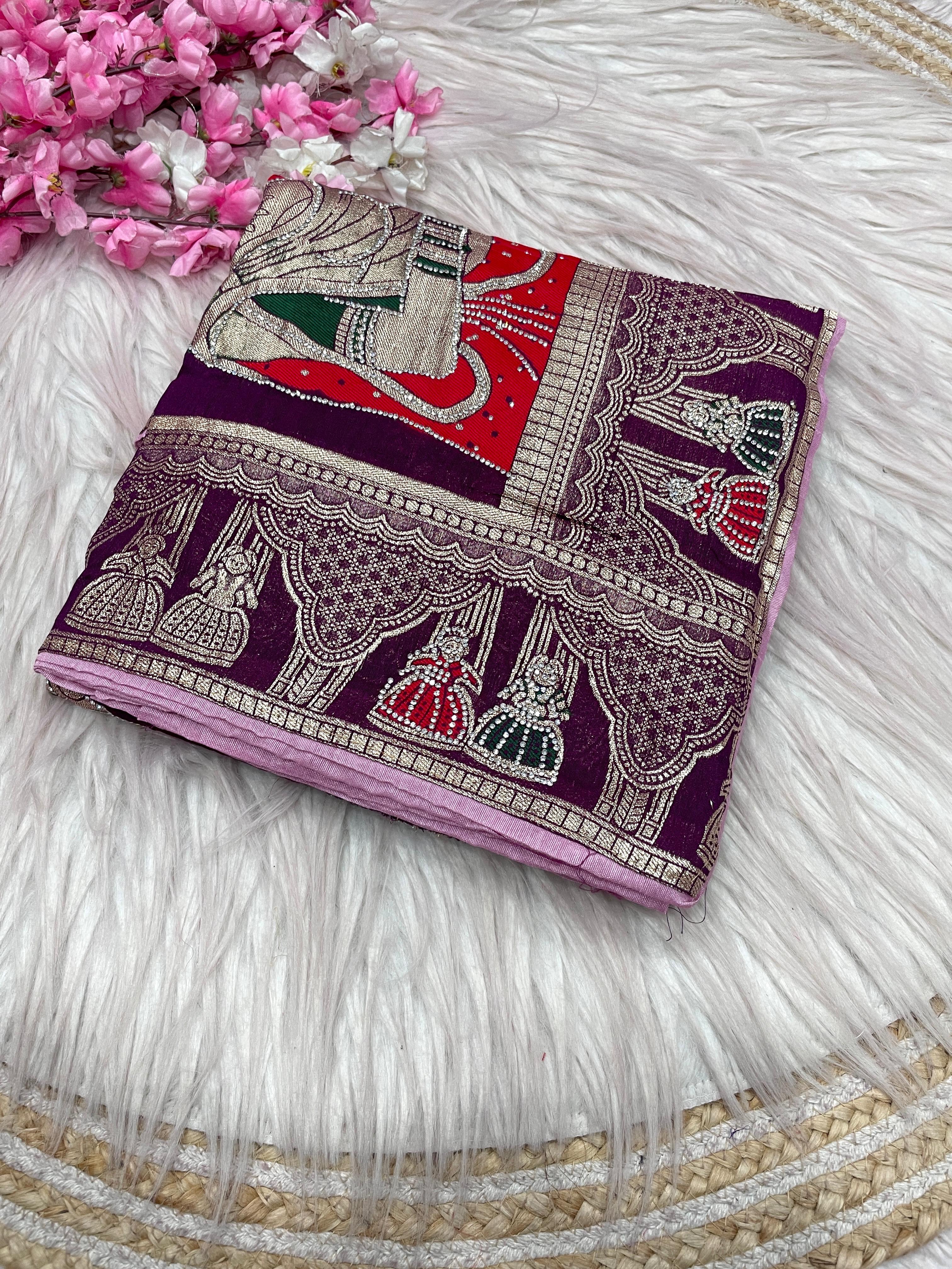 Dola silk Hand Deying Mena with Zarkhan Work Saree