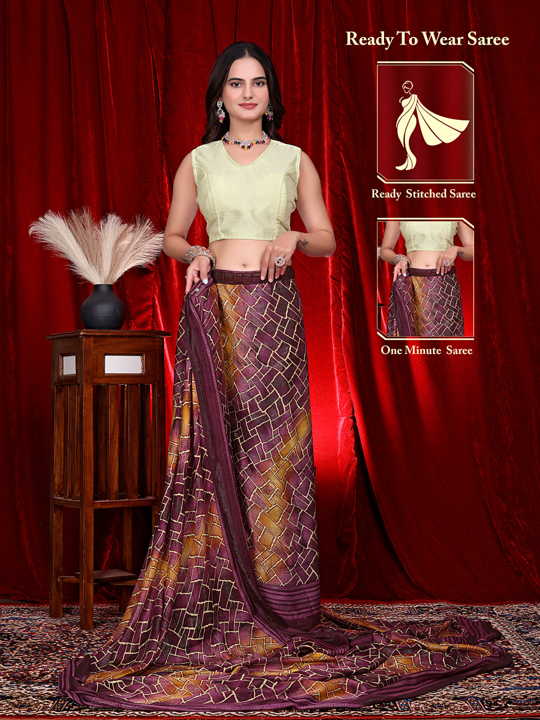 Heavy Chiffon Color Block Printed Ready-to-Wear Saree