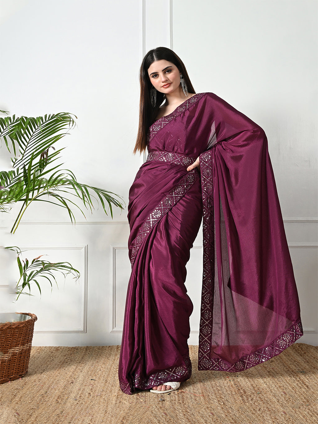 Chinon Solid Saree with Embroidered Lace Border