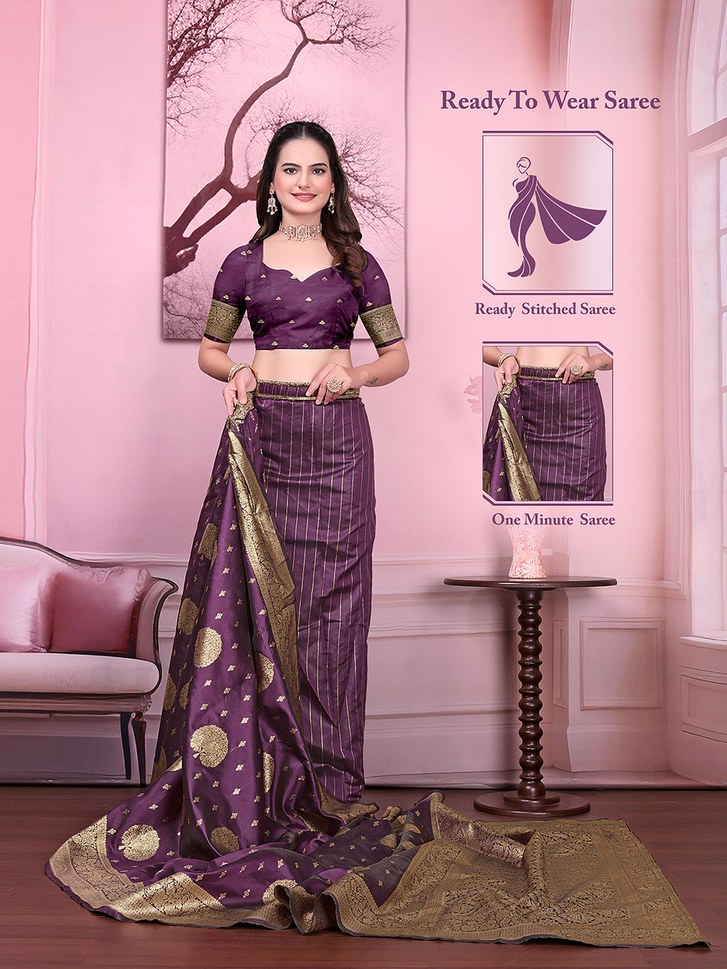 Floral Print Ready to Wear Banarasi Jacquard Party Saree with Unstitched Blouse