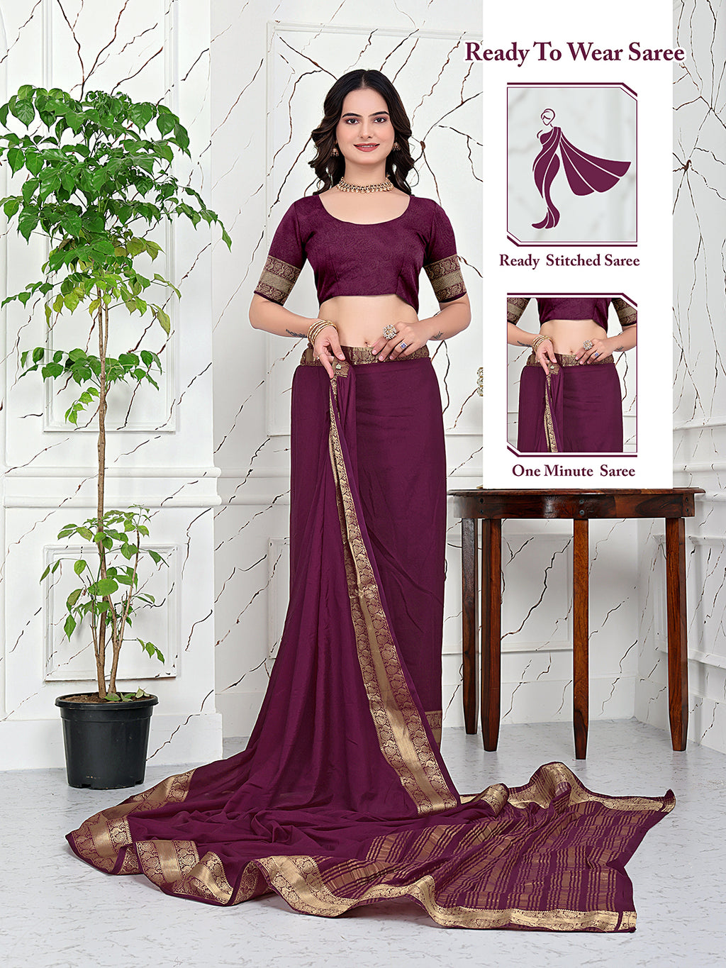 Ready-to-Wear Jacquard Saree in Crepe Banarasi Fabric