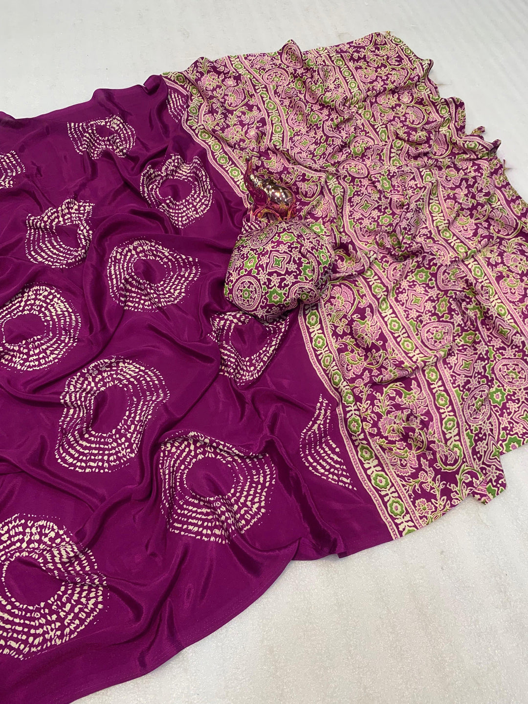 Satin Silk Saree with Ajrakh-Inspired Print & Circular Pallu Design