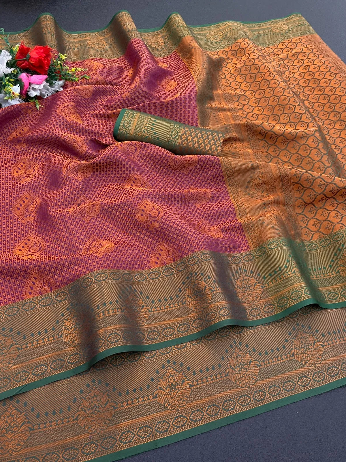 Woven Kanjivaram Soft Silk Copper Rich Pallu Saree