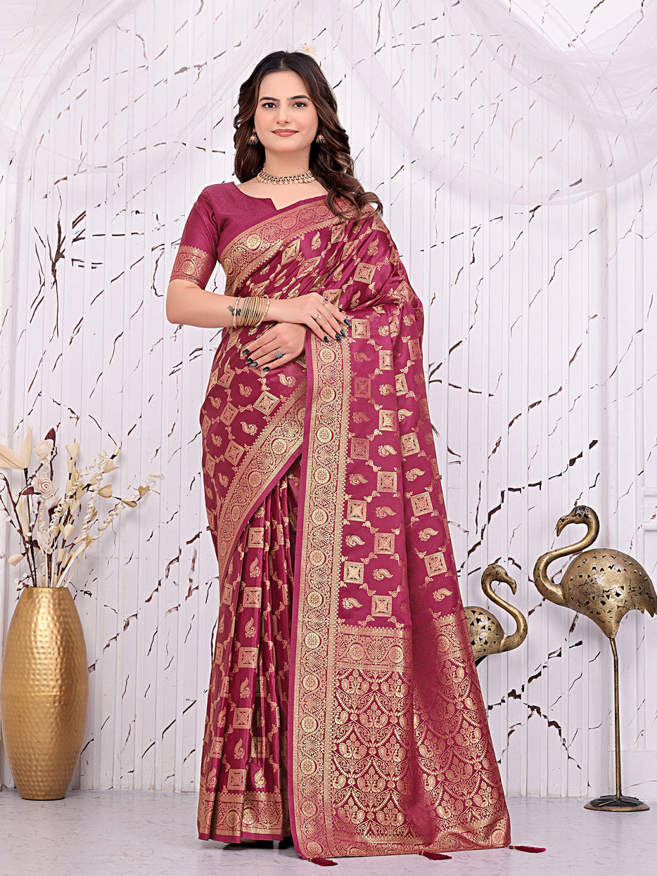 Banarasi Ready-to-Wear Saree with Traditional Woven Zari Motifs and Decorative Pallu.