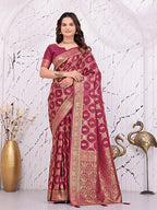 Banarasi Ready-to-Wear Saree with Traditional Woven Zari Motifs and Decorative Pallu.