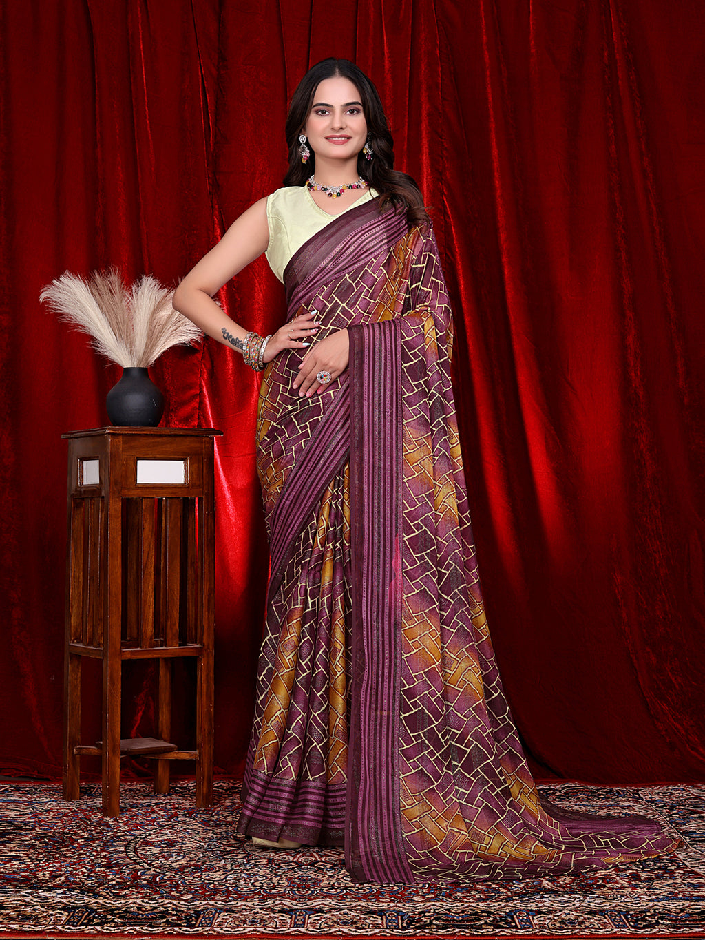 Heavy Chiffon Color Block Printed Ready-to-Wear Saree
