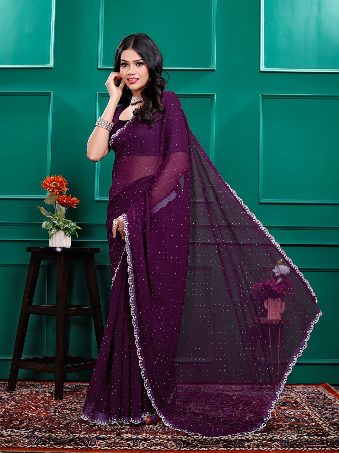 Chiffon   Siroski Daimond  Lace Work Sarees