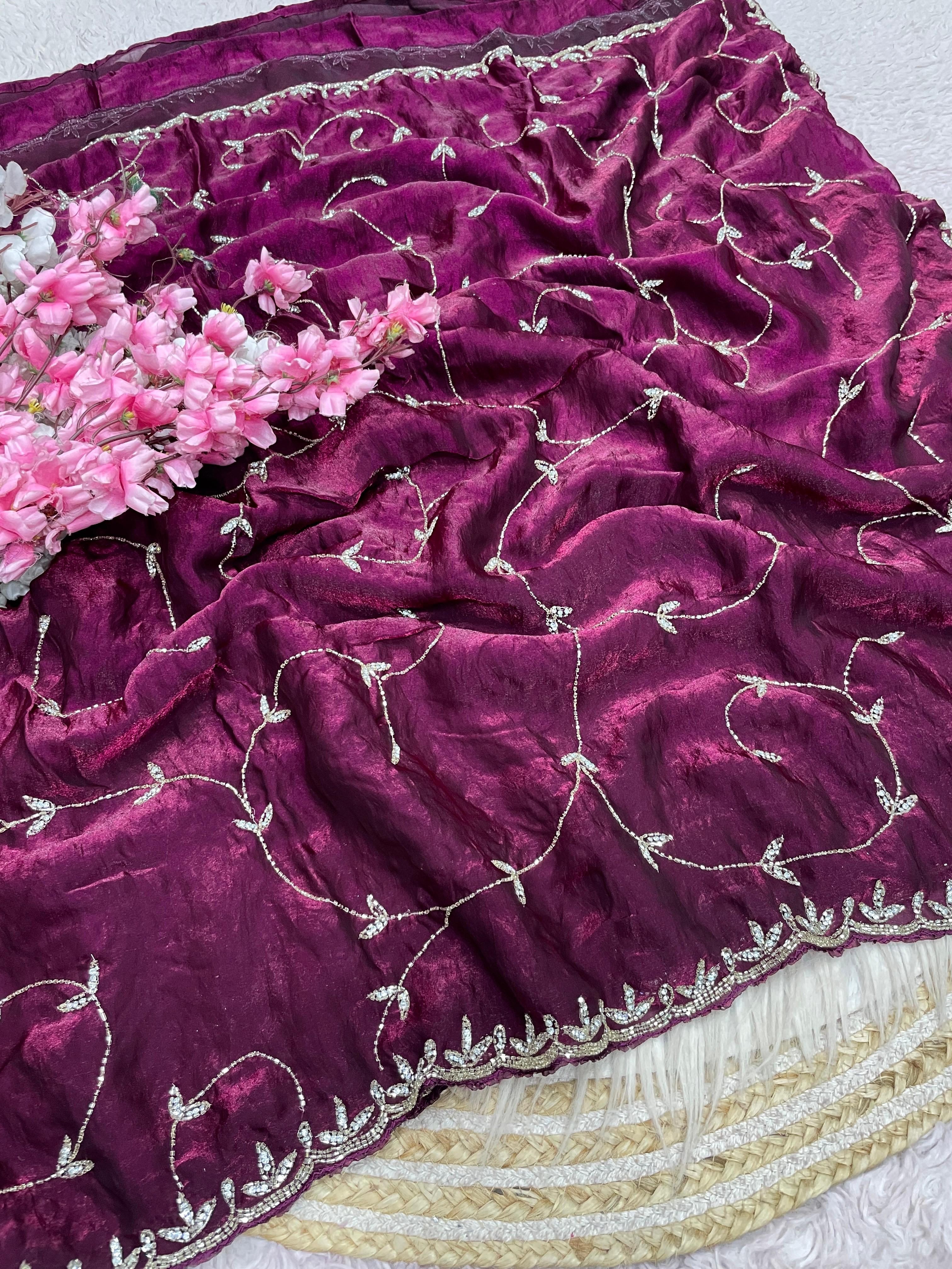 Space Silk Saree With Khatli Cut Dana Diamond Handwork