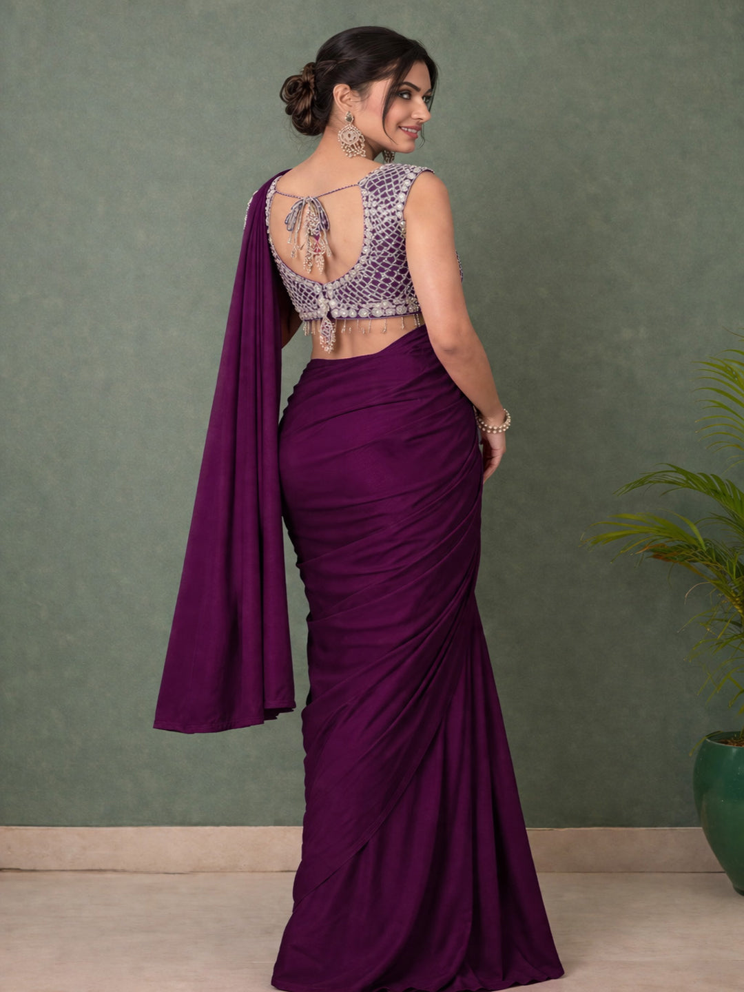 Ready to Wear Silk Crepe Saree with Heavy Embroidery Sequence Work Stitched Blouse