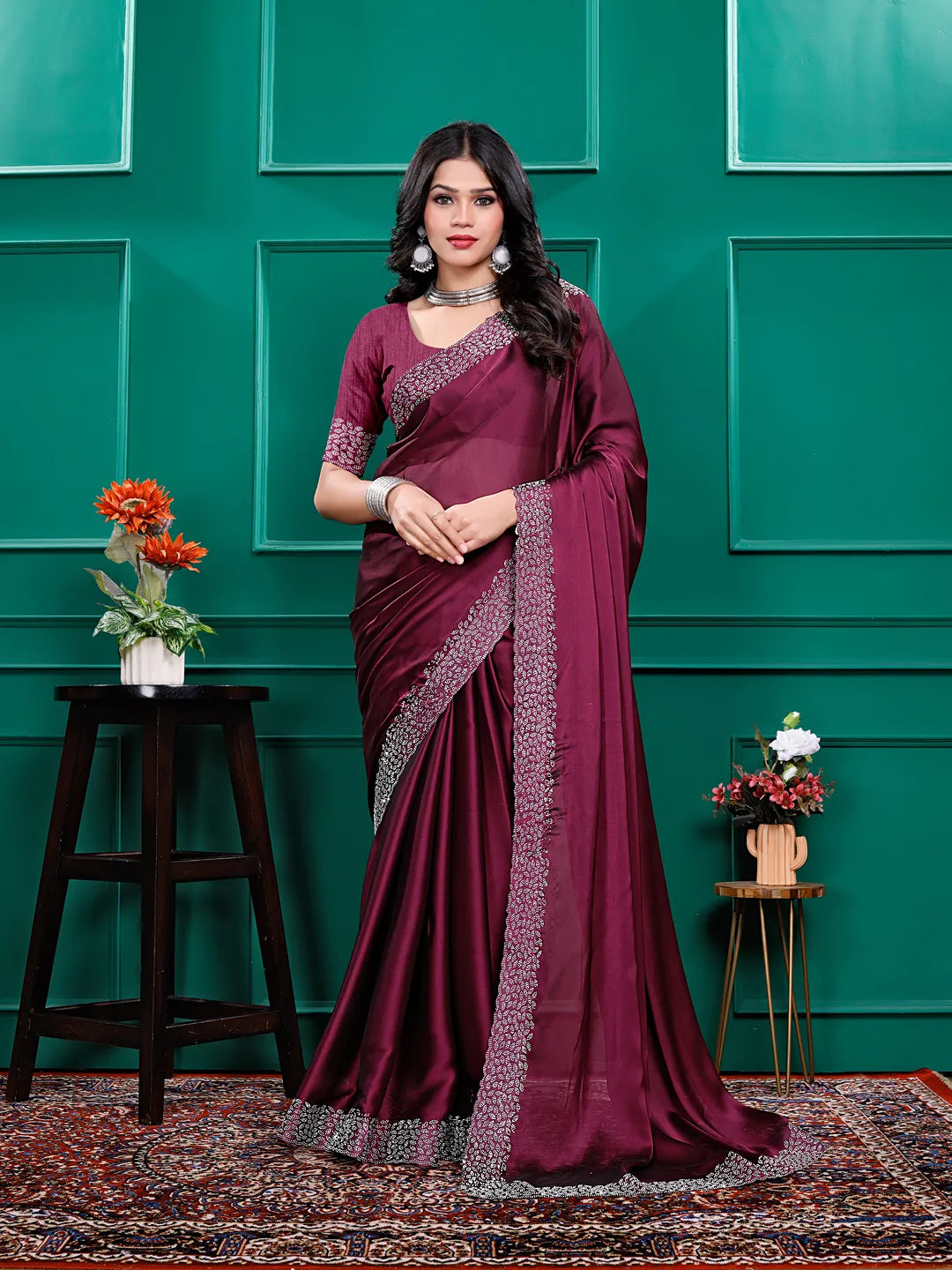 Silk  Siroski  Diamond Lace Work Saree