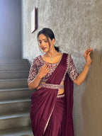 Ready To Wear Chinnon Embroidery Work Saree With Stitched Blouse