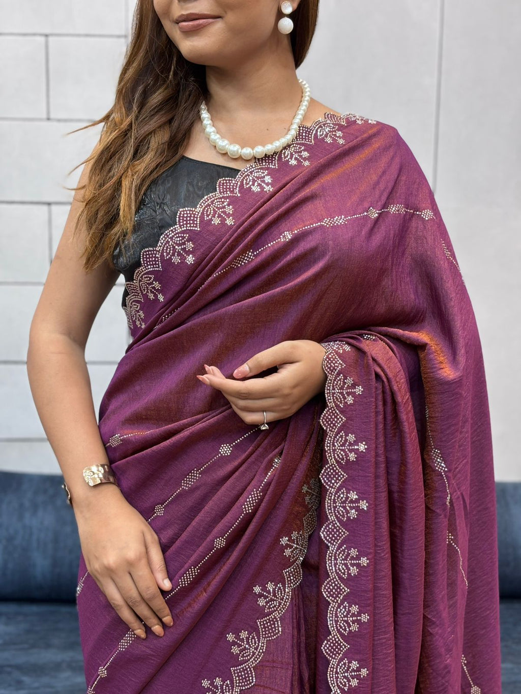 Two-Tone Chocolate Saree with Diamond Panel Handwork and All-Over Cutwork