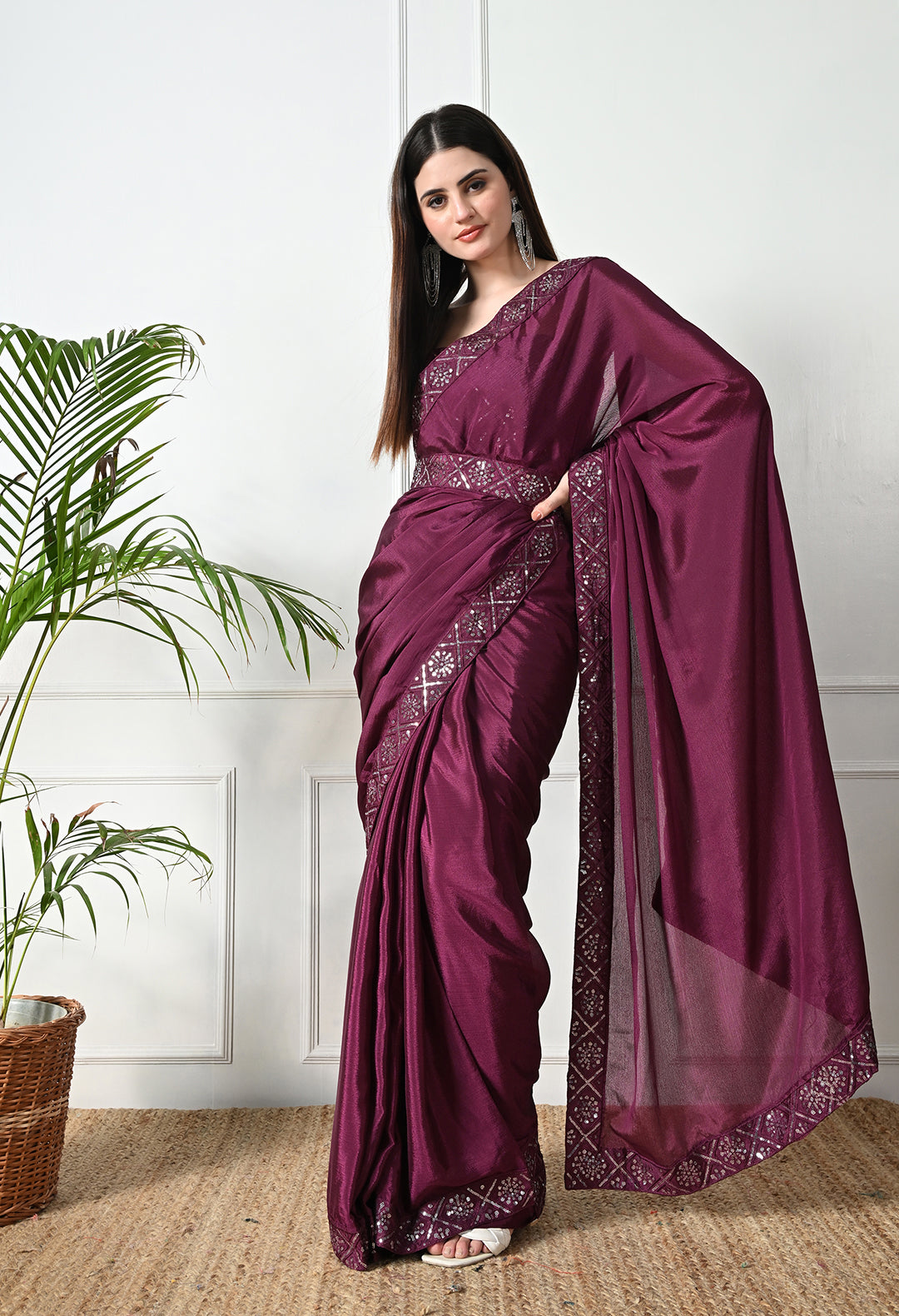 Chinon Solid Saree with Embroidered Lace Border