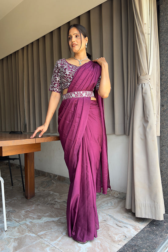 Ready To Wear Chinon Embroidery Work Saree With Stitched Blouse