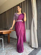 Ready To Wear Chinon Embroidery Work Saree With Stitched Blouse