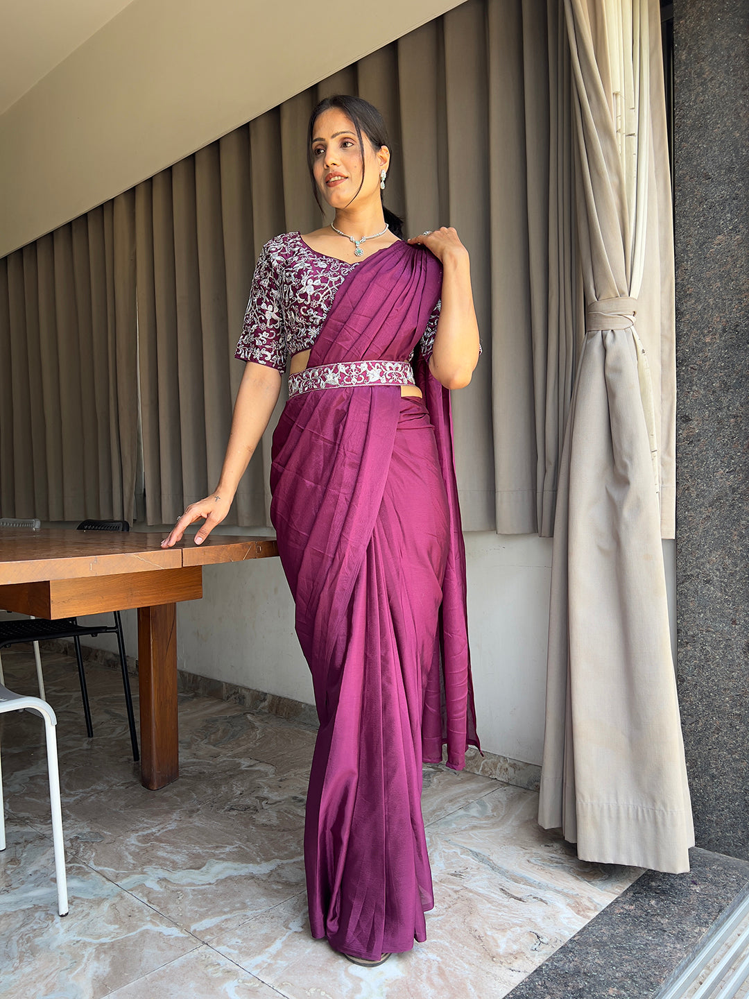 Ready To Wear Chinon Embroidery Work Saree With Stitched Blouse